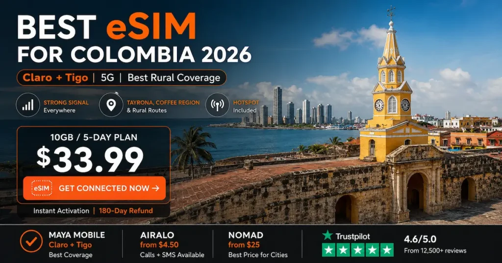 best esim for colombia 2026 claro tigo cartagena tayrona coffee region rural coverage maya mobile airalo nomad