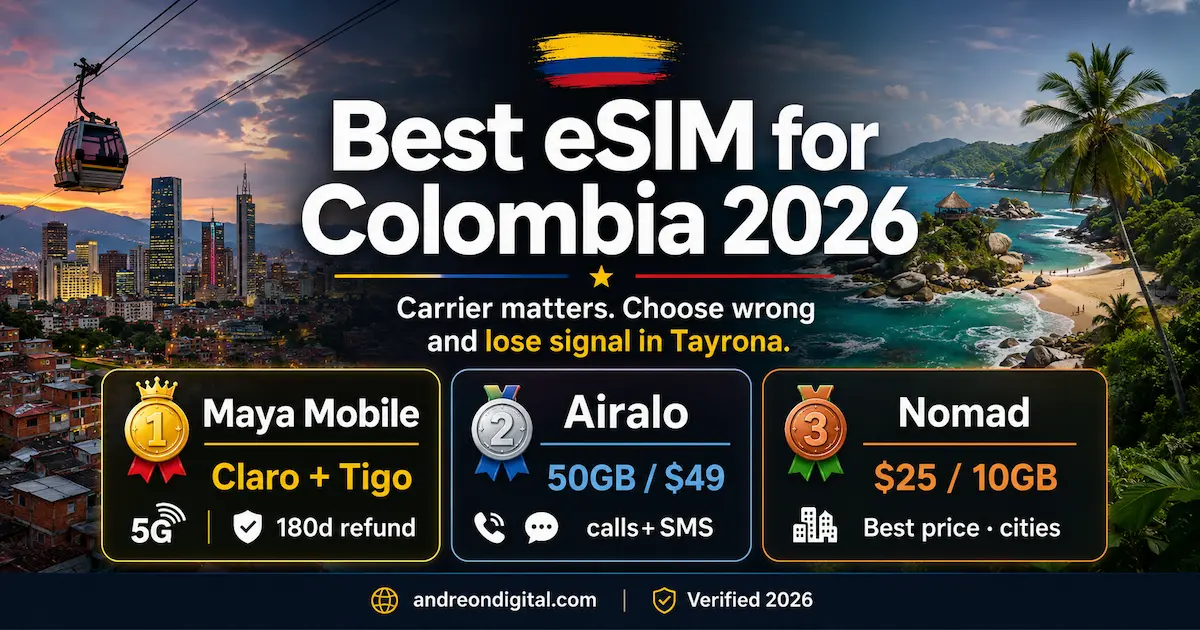 best esim for colombia 2026 maya mobile airalo nomad claro tigo tayrona medellin cartagena coverage comparison