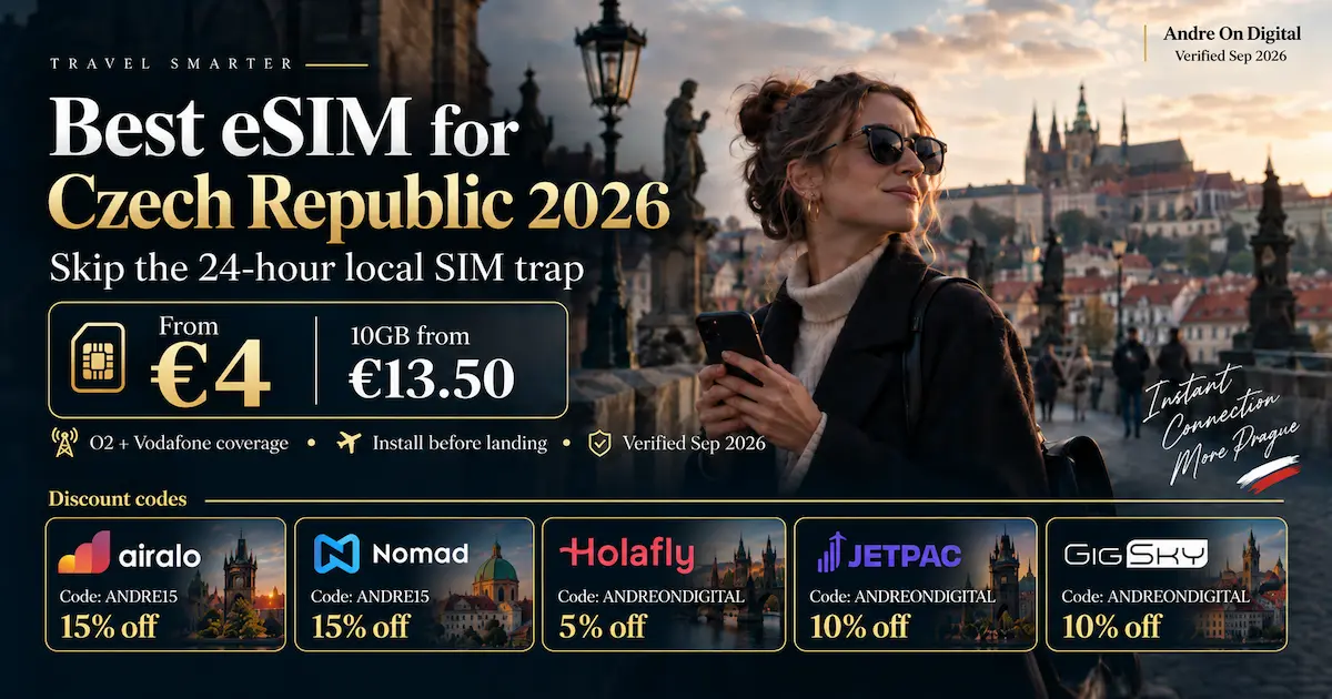 Best eSIM for Czech Republic 2026 comparison with Airalo, Nomad, Holafly, Jetpac and GigSky, with plans from €4 and Czech discount codes