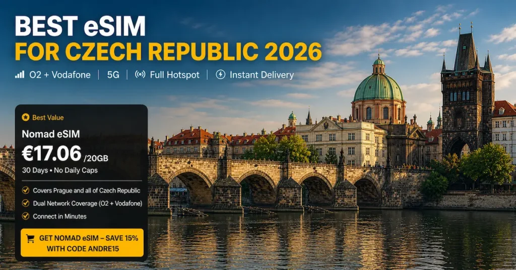 Best eSIM for Czech Republic 2026 Prague Charles Bridge view with Nomad eSIM €17.06 20GB O2 Vodafone 5G coverage