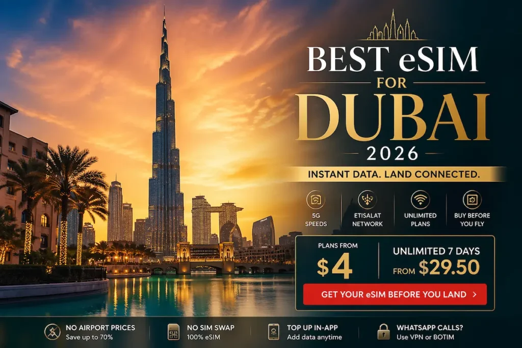 Best eSIM for Dubai 2026 with Burj Khalifa skyline showing 5G coverage, unlimited plans from $29.50 and instant connection on arrival