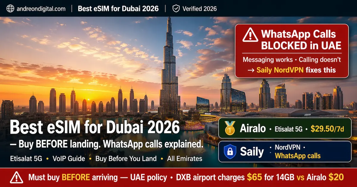 Best eSIM for Dubai 2026 showing WhatsApp calls blocked in UAE, Airalo Etisalat 5G plans from $29.50 and Saily VPN solution for VoIP