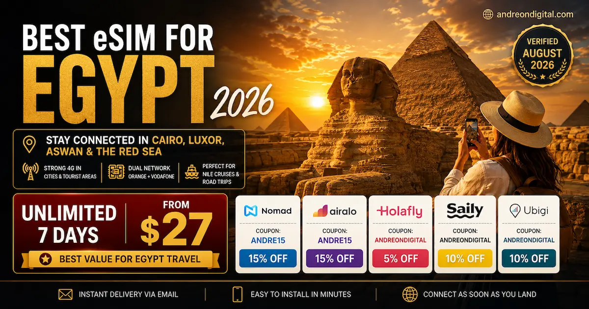 Best eSIM for Egypt 2026 comparison image with Nomad, Airalo, Holafly, Saily and Ubigi, unlimited 7 days from $27, coupons, and coverage for Cairo, Luxor, Aswan and the Red Sea