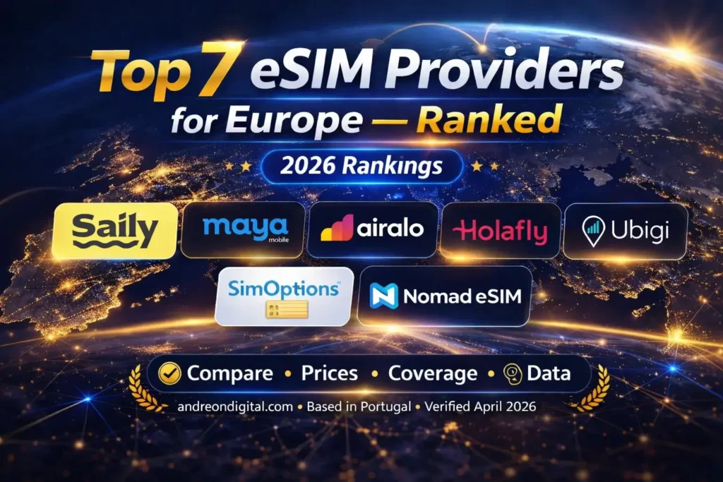 Best eSIM providers for Europe 2026 comparison image with Saily, Airalo, Nomad, Holafly, Ubigi, Maya Mobile, and SimOptions rankings