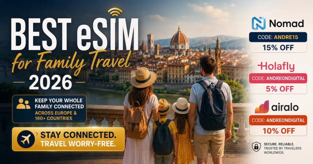 best esim for family travel 2026 europe global nomad holafly airalo discount codes hotspot family trip connectivity