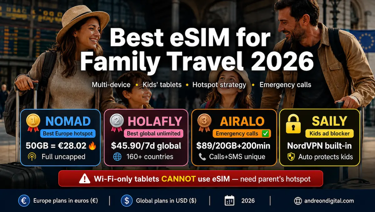 best esim for family travel 2026 nomad holafly airalo saily hotspot kids tablets europe global
