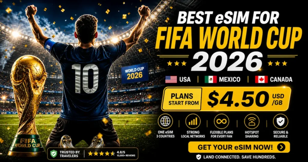 Best eSIM for FIFA World Cup 2026 with unlimited data across USA, Mexico and Canada, football stadium crowd, player celebrating and global travel connectivity
