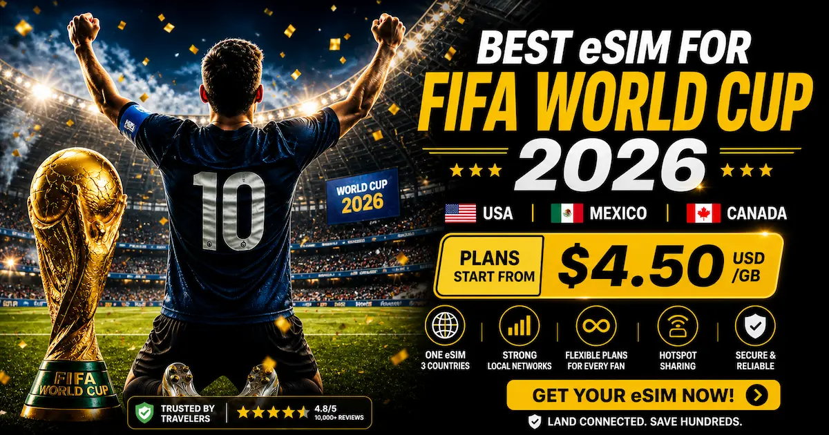 Best eSIM for FIFA World Cup 2026 with unlimited data across USA, Mexico and Canada, football stadium crowd, player celebrating and global travel connectivity