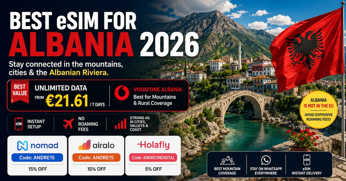 Best eSIM for Albania 2026 featured image showing Albanian Riviera and mountains with Nomad, Airalo and Holafly pricing, highlighting Vodafone Albania mountain coverage and unlimited data from €21.61 for 7 days.