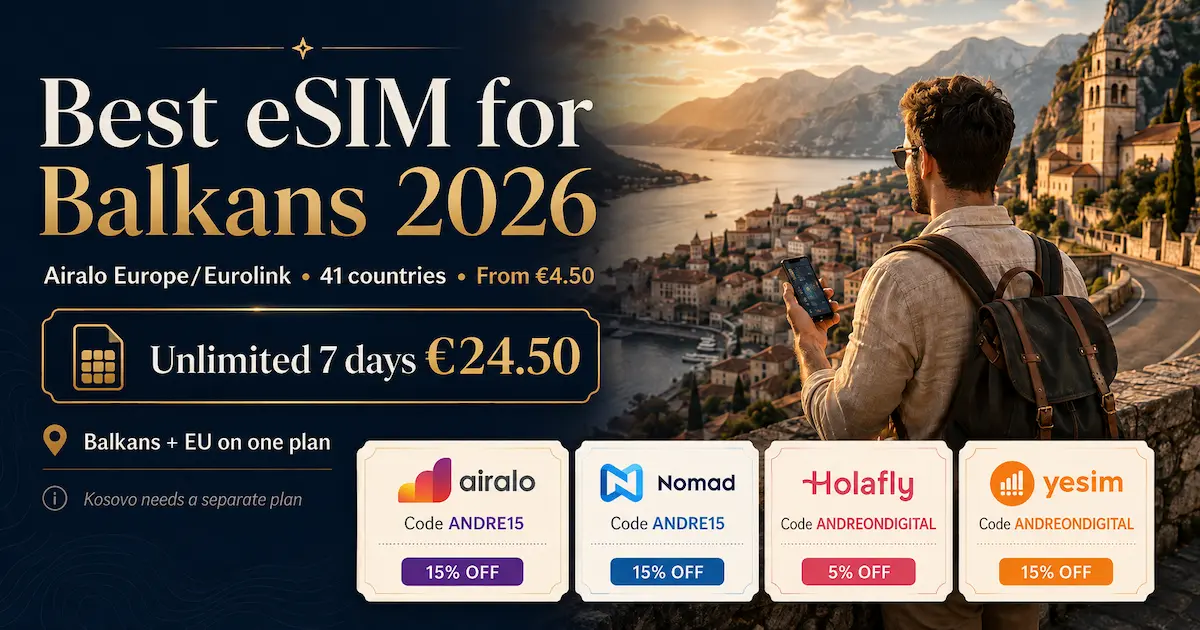 Best eSIM for Balkans 2026 featuring Airalo Europe/Eurolink with 41 countries, plans from €4.50, unlimited 7 days for €24.50, and discount codes for Airalo, Nomad, Holafly, and Yesim
