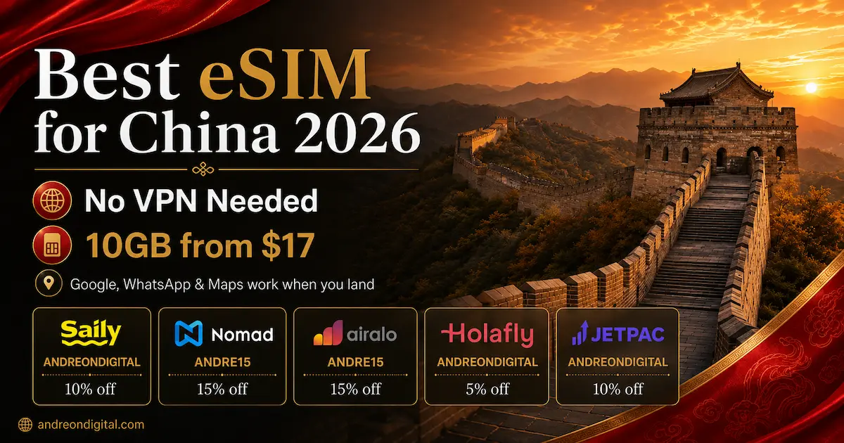 Best eSIM for China 2026 banner with the Great Wall of China, No VPN Needed, 10GB from $17, and discount coupons for Saily, Nomad, Airalo, Holafly and Jetpac.