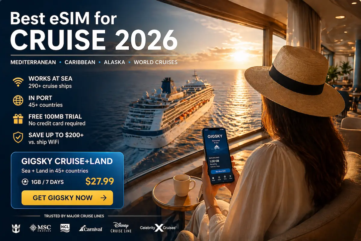 Best eSIM for cruise 2026 showing GigSky app on phone inside cruise ship with ocean view and cruise liner at sunset