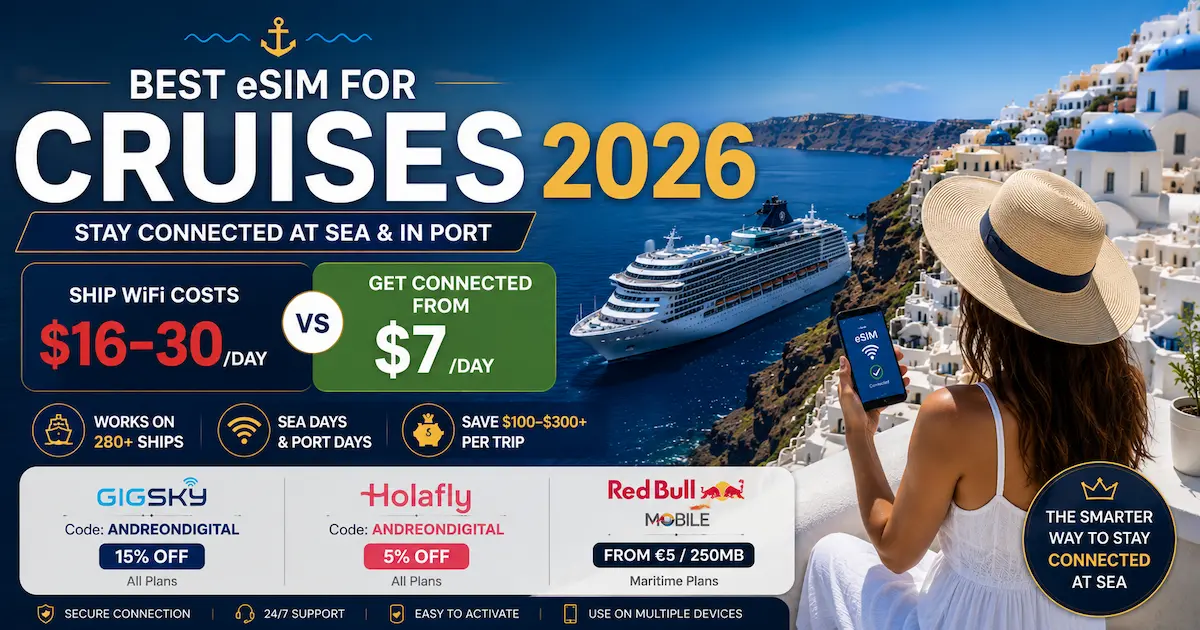 Best eSIM for cruises 2026 comparison showing cruise ship internet costs of $16 to $30 per day versus GigSky eSIM from $7 per day with sea and port coverage on 280 plus ships