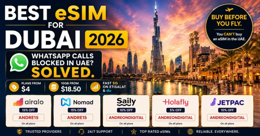 Best eSIM for Dubai 2026 comparison image showing Burj Khalifa skyline, UAE travel eSIM prices from $4, 10GB from $18.50, and WhatsApp calls blocked solution with Airalo, Nomad, Saily, Holafly, and Jetpac coupon codes