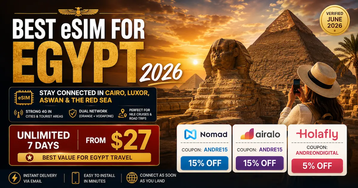 Best eSIM for Egypt 2026 comparison image showing Giza Pyramids, Sphinx, Nomad, Airalo and Holafly plans with unlimited 7 days from $27 for Cairo, Luxor and Aswan travel
