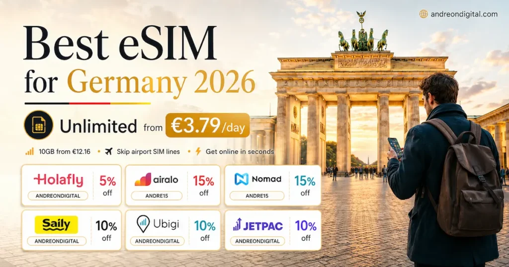 Best eSIM for Germany 2026 image with Brandenburg Gate in Berlin, unlimited data from €3.79/day and discount coupons for Holafly, Airalo, Nomad, Saily, Ubigi and Jetpac