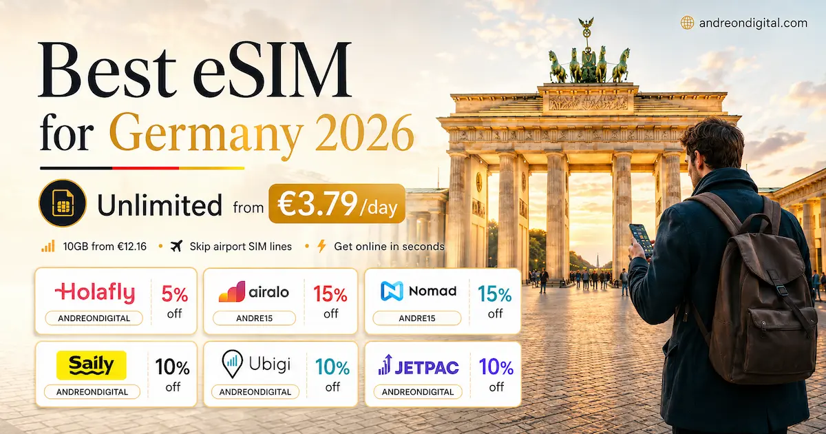 Best eSIM for Germany 2026 image with Brandenburg Gate in Berlin, unlimited data from €3.79/day and discount coupons for Holafly, Airalo, Nomad, Saily, Ubigi and Jetpac
