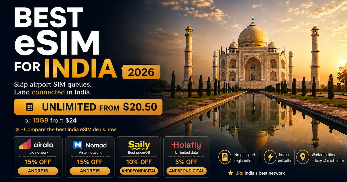 Premium Best eSIM for India 2026 comparison image with Airalo, Nomad, Saily and Holafly, India travel eSIM prices, coupons and Taj Mahal
