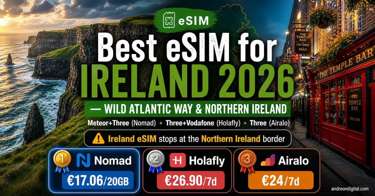 Best eSIM for Ireland 2026 comparison Nomad Holafly Airalo Wild Atlantic Way and Northern Ireland coverage warning