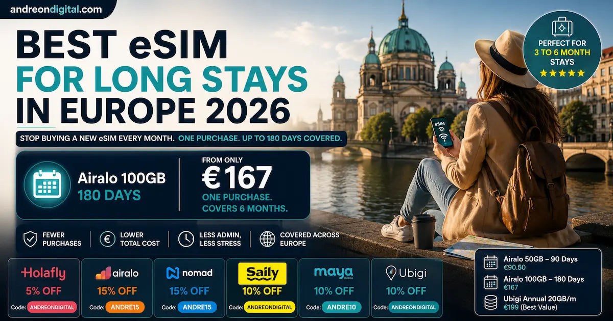 Best eSIM for Long Stays in Europe 2026 comparing Airalo, Ubigi, Nomad, Holafly, Saily and Maya Mobile with 90-day and 180-day plans, annual options, discount coupons and long-term Europe travel pricing.