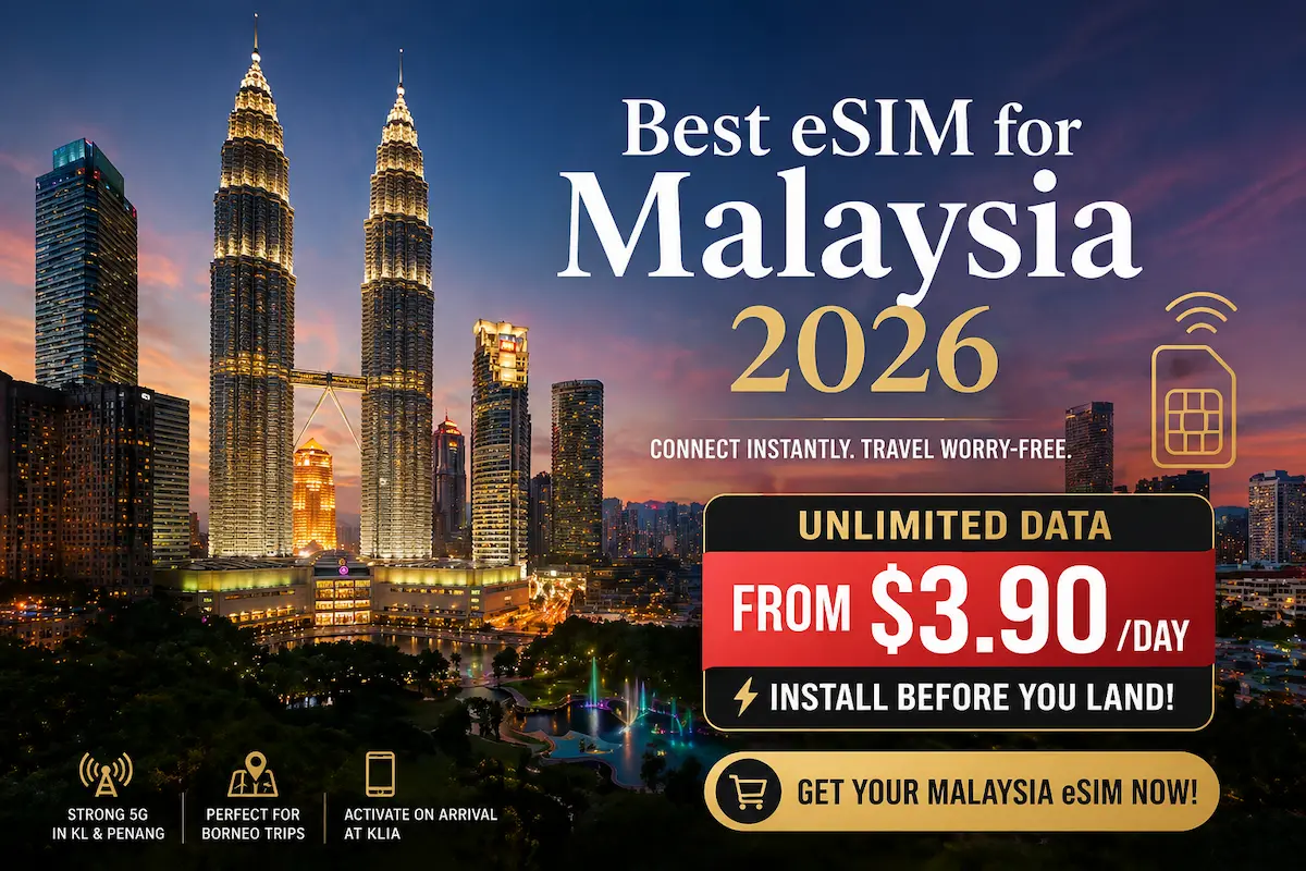Best eSIM for Malaysia 2026 with Kuala Lumpur skyline and Petronas Towers showing unlimited data plans from $3.90 per day for travelers