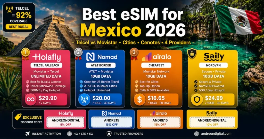 best esim for mexico 2026 comparison holafly nomad airalo saily telcel movistar coverage yucatan cenotes cancun oaxaca chiapas mexico travel esim