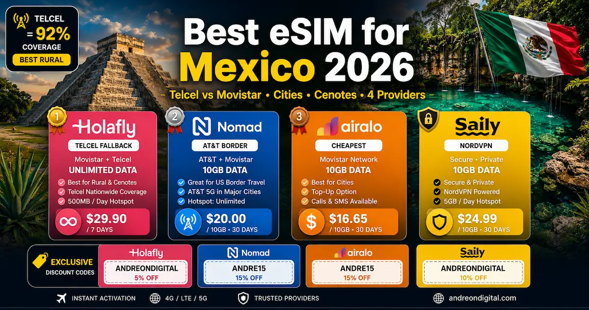 best esim for mexico 2026 comparison holafly nomad airalo saily telcel movistar coverage yucatan cenotes cancun oaxaca chiapas mexico travel esim