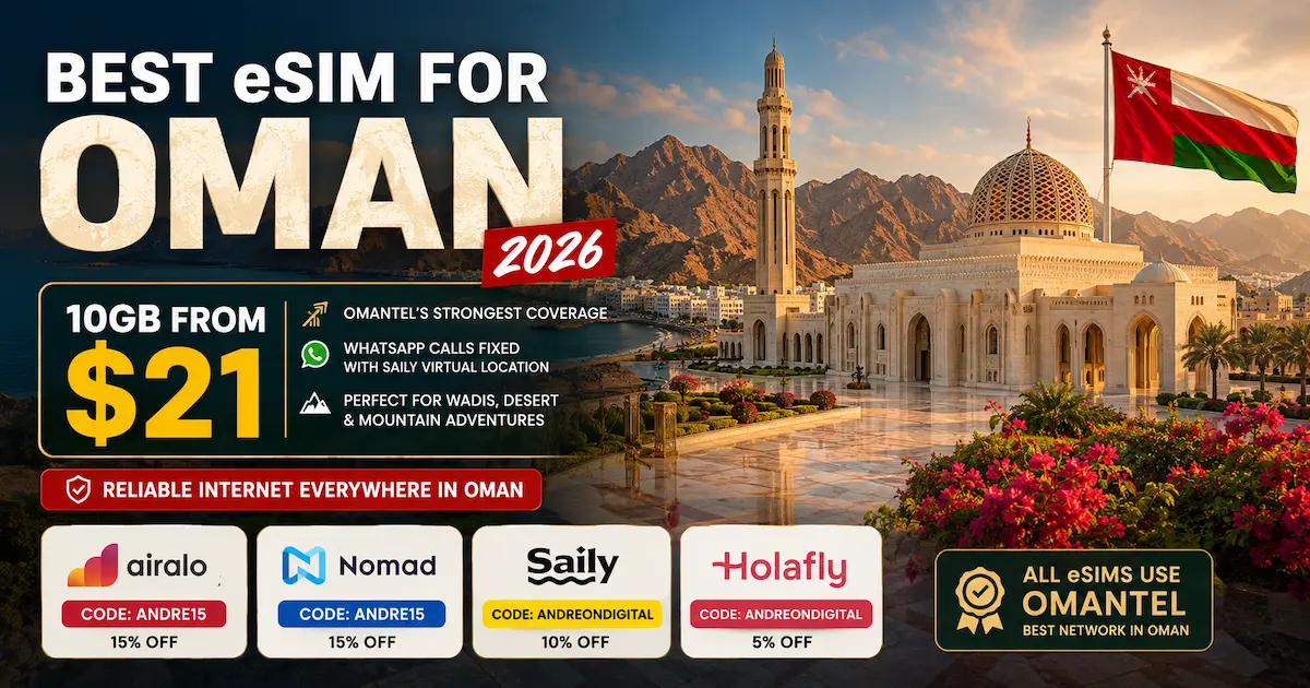Best eSIM for Oman 2026 comparison showing Omantel coverage in Muscat, Nomad 10GB from $21, Airalo unlimited plans, Saily Virtual Location for WhatsApp calls, and Holafly premium unlimited.