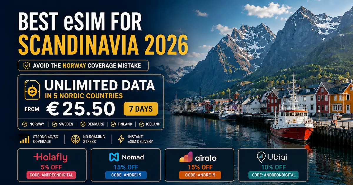 Best eSIM for Scandinavia 2026 graphic showing unlimited data from €25.50 for 7 days in 5 Nordic countries, Norway coverage warning, and Holafly, Nomad, Airalo, and Ubigi discount codes.
