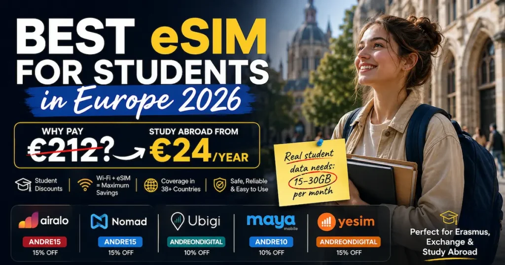 Best eSIM for Students in Europe 2026 showing the best student eSIM providers, study abroad mobile data comparison, semester from EUR24 per year, Airalo, Nomad, Ubigi, Maya Mobile and Yesim.