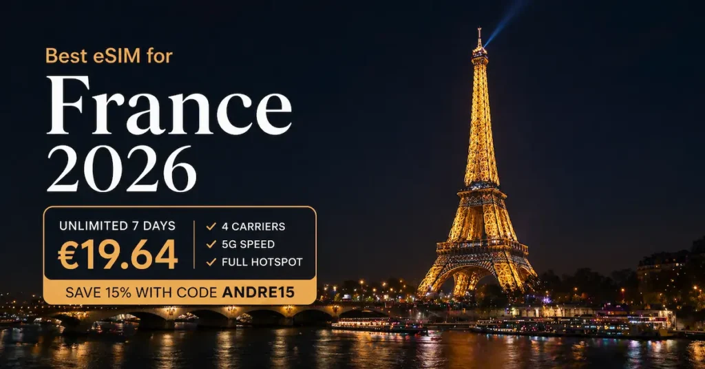 Best eSIM for France 2026 Eiffel Tower at night unlimited data €19.64 5G all carriers Paris travel internet