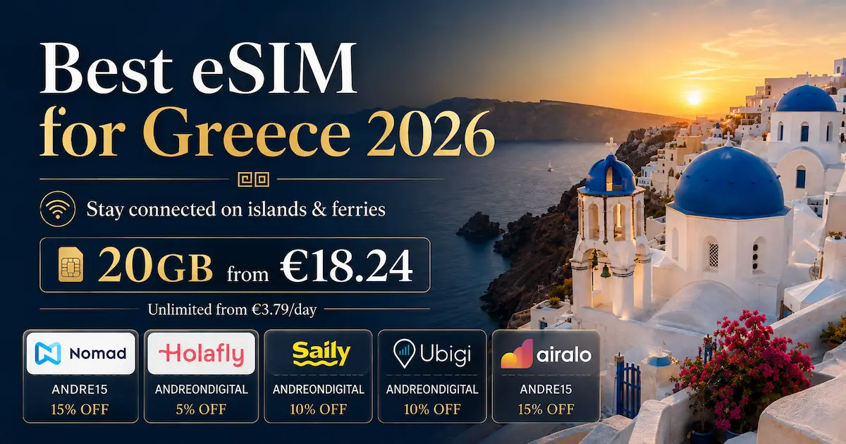 Best eSIM for Greece 2026 with Nomad 20GB from €18.24, Holafly unlimited from €3.79 per day, and discount coupons for Nomad, Holafly, Saily, Ubigi and Airalo