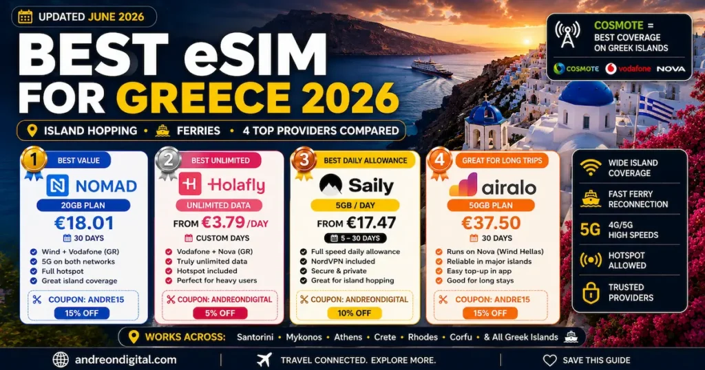 best esim for greece 2026 nomad holafly saily airalo comparison santorini mykonos island hopping ferry coverage cosmote vodafone nova networks