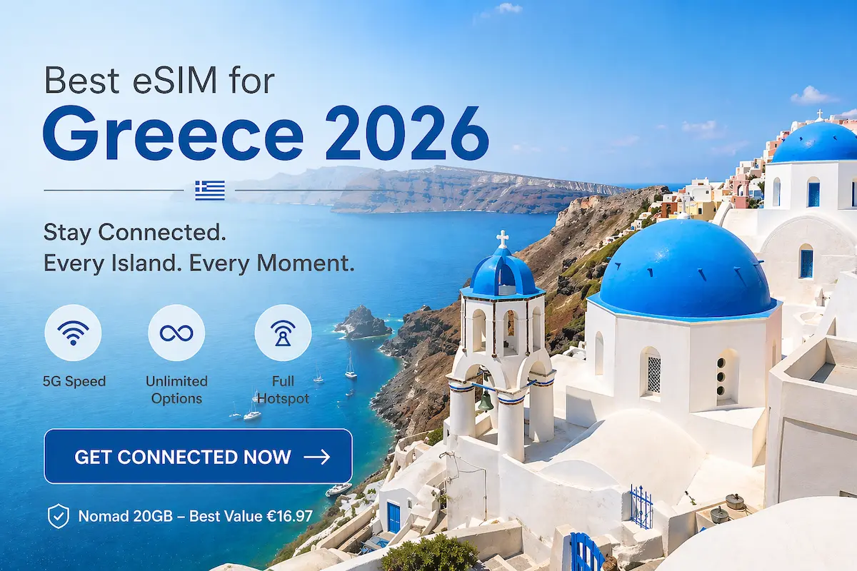 Best eSIM for Greece 2026 with Santorini view showing island coverage and connectivity for Athens, Mykonos, and ferry travel