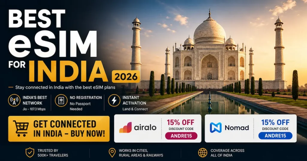 best esim for india 2026 airalo nomad jio network no registration taj mahal travel esim