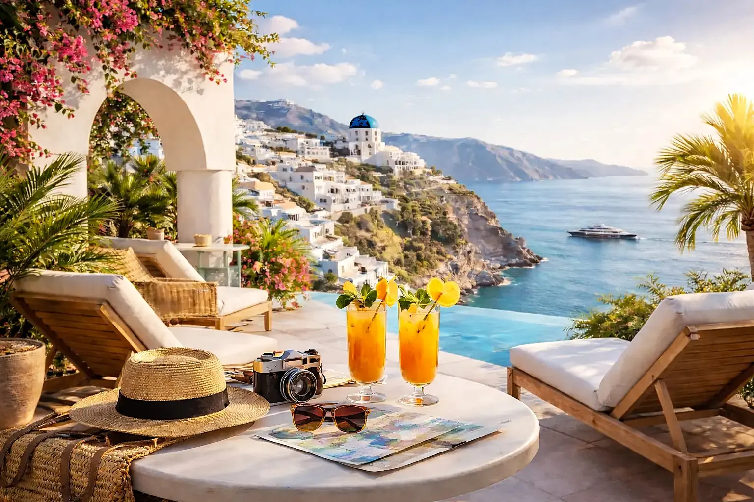 best esim for international travel 2026 luxury travel view Santorini Europe with ocean and terrace
