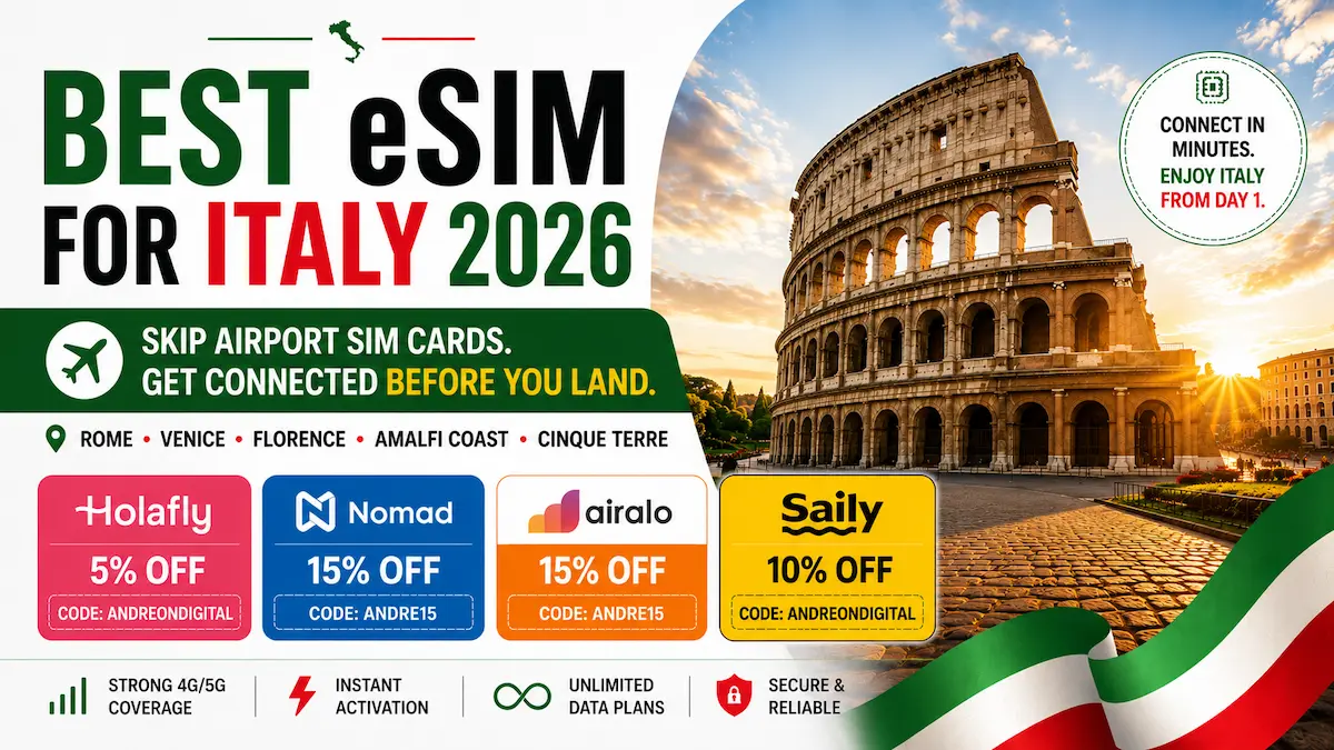 Best eSIM for Italy 2026 comparison showing Holafly, Nomad, Airalo and Saily discounts with unlimited data options, Rome Colosseum, Amalfi Coast, Venice, Florence and Cinque Terre travel coverage.