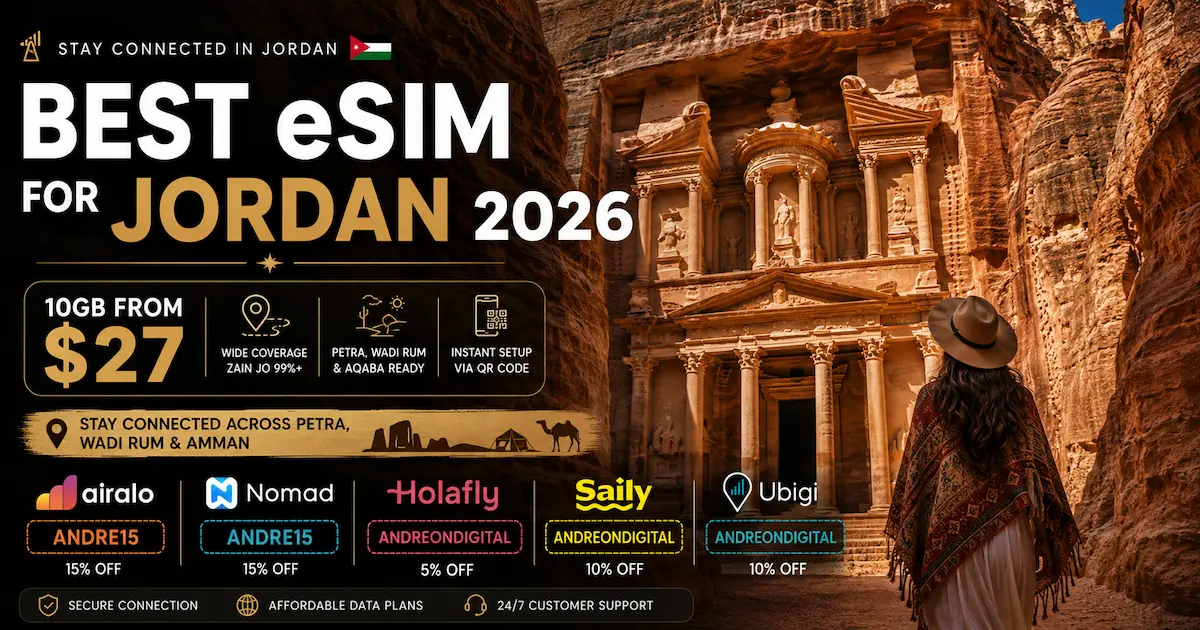 Best eSIM for Jordan 2026 featuring Petra Treasury with Airalo, Nomad, Holafly, Saily and Ubigi comparison, Zain coverage, Wadi Rum travel and 10GB plans from $27.