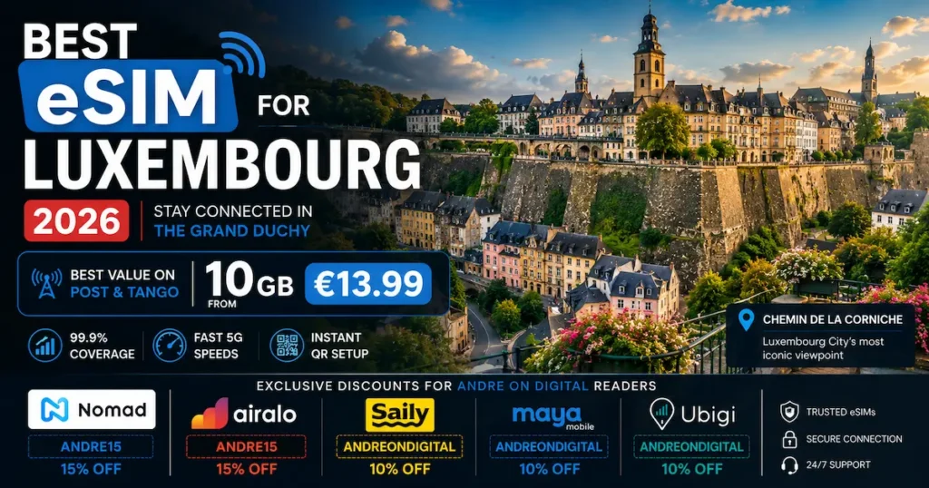 Best eSIM for Luxembourg 2026 at Chemin de la Corniche featuring Nomad Airalo Saily Maya Mobile and Ubigi with POST Orange and Tango network comparison
