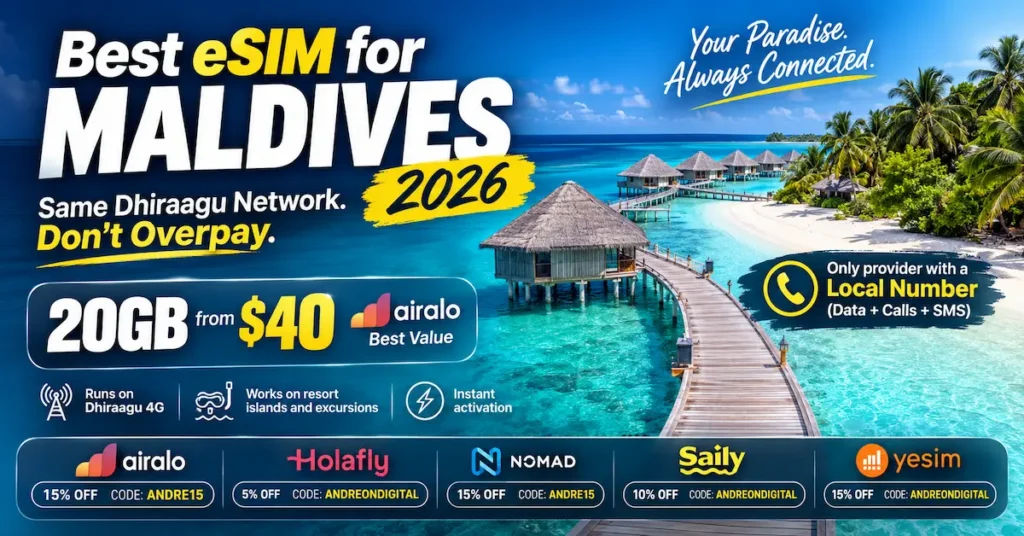 Best eSIM for Maldives 2026 showing overwater villas in the Maldives with Airalo 20GB for $40, Dhiraagu network coverage, local number option and travel eSIM comparison.