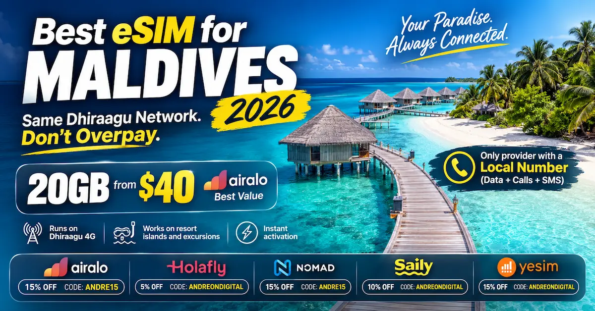 Best eSIM for Maldives 2026 showing overwater villas in the Maldives with Airalo 20GB for $40, Dhiraagu network coverage, local number option and travel eSIM comparison.