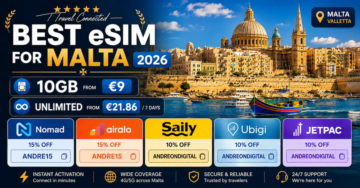 Best eSIM for Malta 2026 price comparison in Valletta featuring Nomad Airalo Saily Ubigi and Jetpac with 10GB from €9 and unlimited plans from €21.86 for Malta travel.