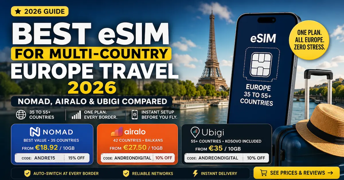 best esim multi-country europe travel 2026 nomad airalo ubigi regional esim comparison balkans kosovo europe coverage discount codes