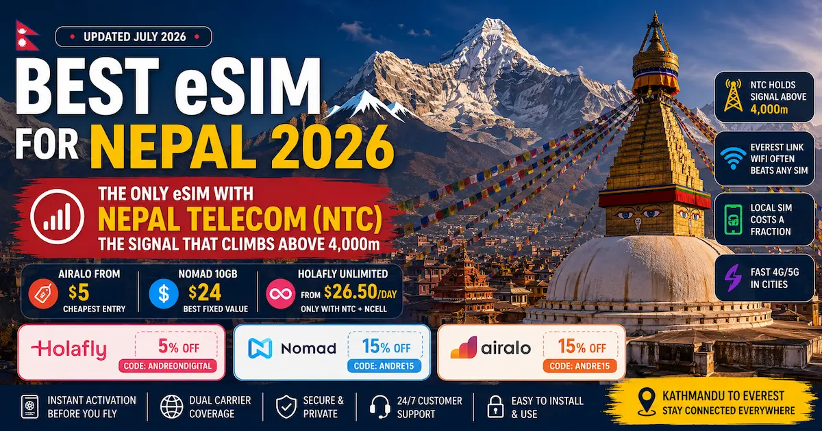 Best eSIM for Nepal 2026 showing Mount Everest, Boudhanath Stupa in Kathmandu, Nepal Telecom NTC coverage above 4000m, Holafly, Nomad and Airalo comparison for Everest Base Camp trekking