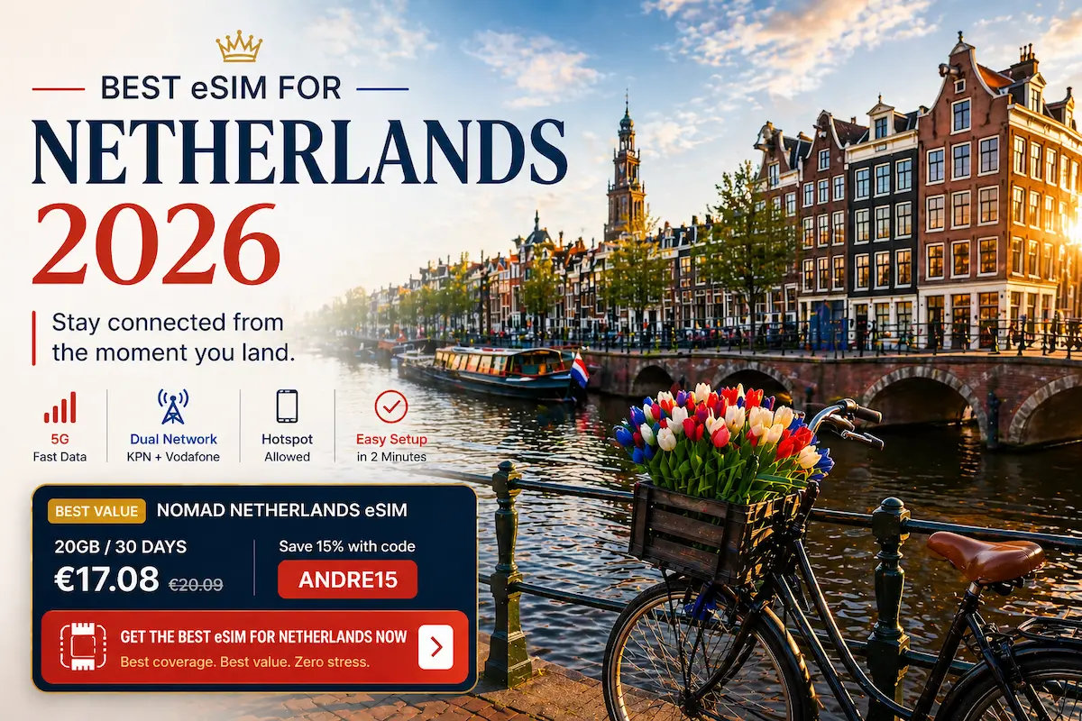 Best eSIM for Netherlands 2026 in Amsterdam canal with Nomad eSIM price €17.08 and instant data setup for travelers
