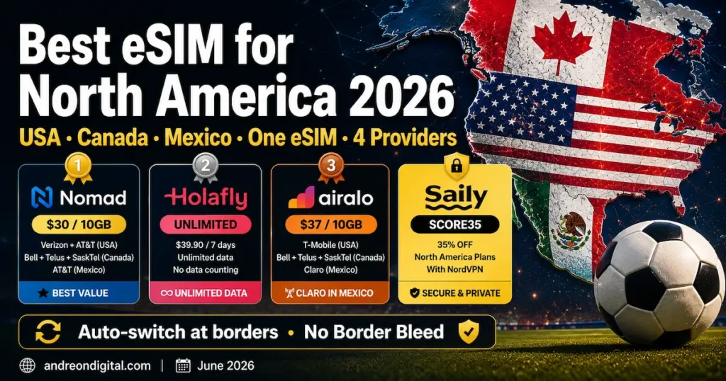 best esim for north america 2026 usa canada mexico nomad holafly airalo saily regional esim world cup travel