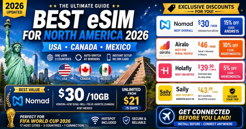 best esim north america 2026 usa canada mexico travel esim nomad airalo holafly saily fifa world cup 2026 regional esim comparison