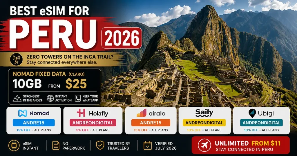 Best eSIM for Peru 2026 comparison at Machu Picchu featuring Nomad unlimited from $11, Holafly, Airalo, Saily and Ubigi with Peru travel discount codes