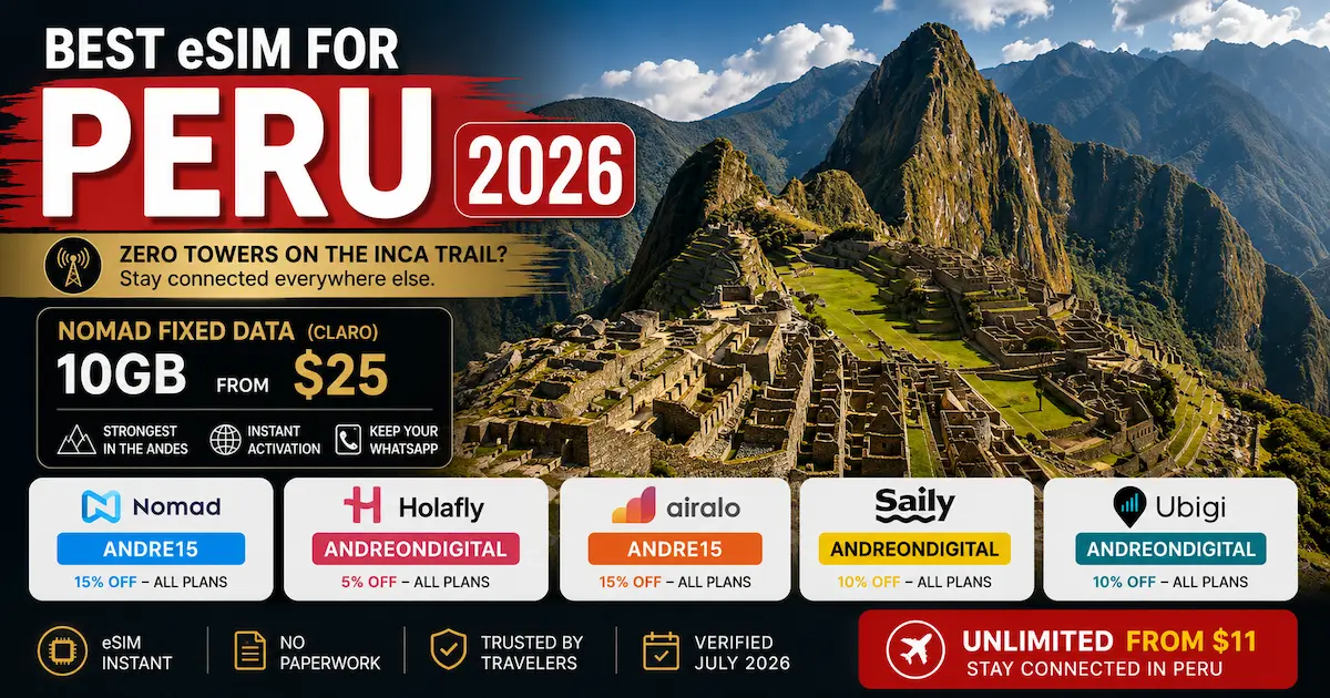 Best eSIM for Peru 2026 comparison at Machu Picchu featuring Nomad unlimited from $11, Holafly, Airalo, Saily and Ubigi with Peru travel discount codes