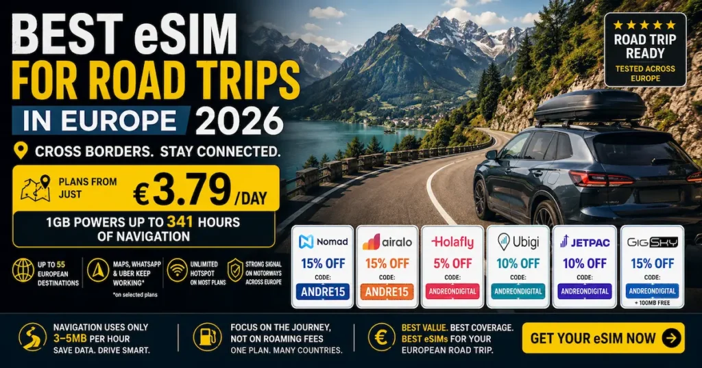 Premium editorial illustration comparing the best eSIM providers for road trips in Europe in 2026, highlighting cross-border coverage, navigation data usage, prices from €3.79, European country coverage, discount coupons for Nomad, Airalo, Holafly, Ubigi, Jetpac and GigSky, and recommendations for driving across multiple countries without roaming.